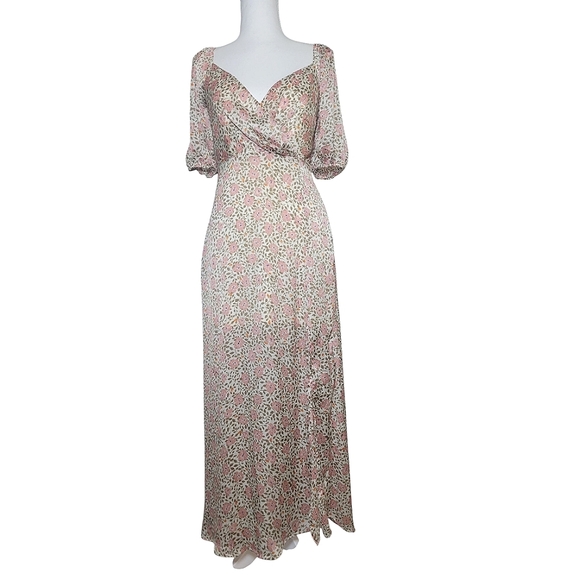 All in Favor Dresses & Skirts - All In Favor Puff Sleeve Wrap V Neck Midi Dress Floral Feminine Pink Silky SM